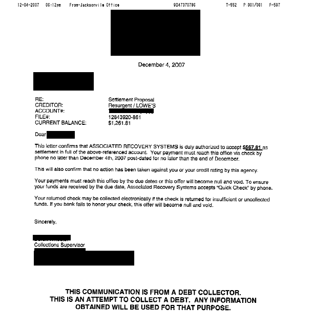 Lowe's Debt Settlement Letter