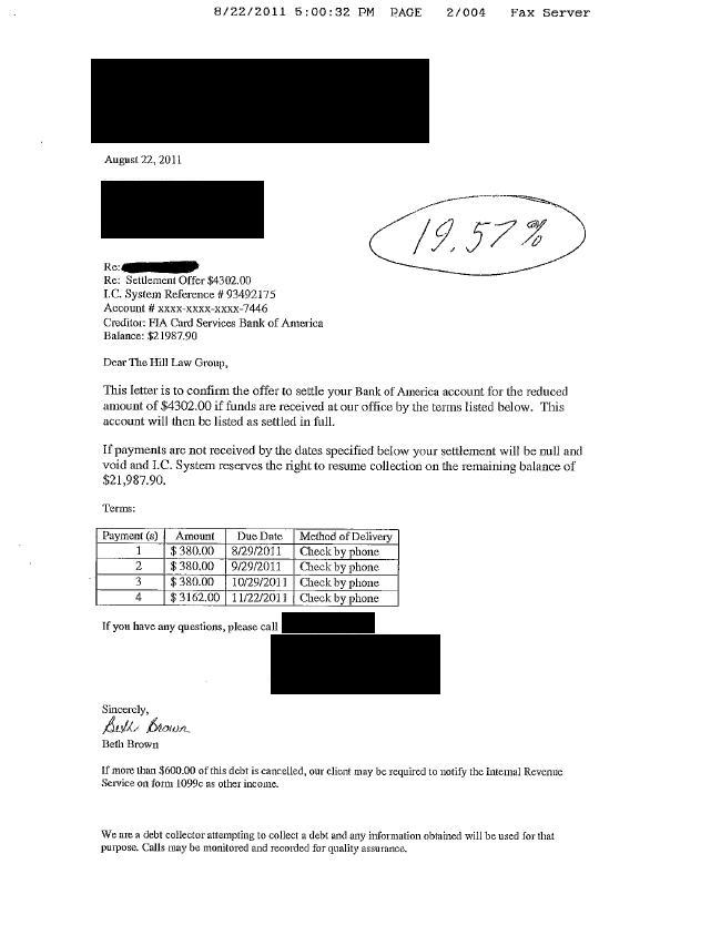 Bank of America Debt Settlement Letter Saved $17685