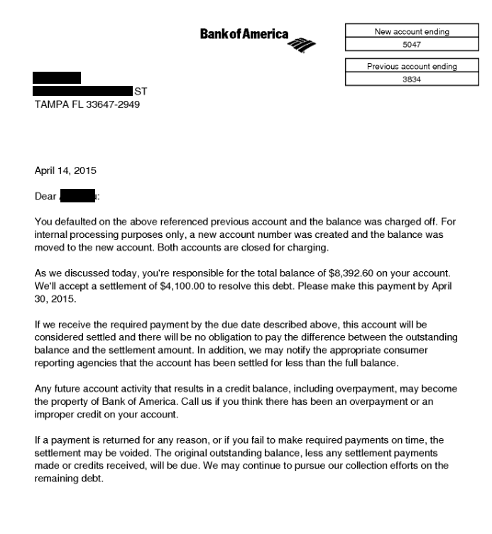 Image of a settlement letter with Bank of America with savings of 4,292 dollars