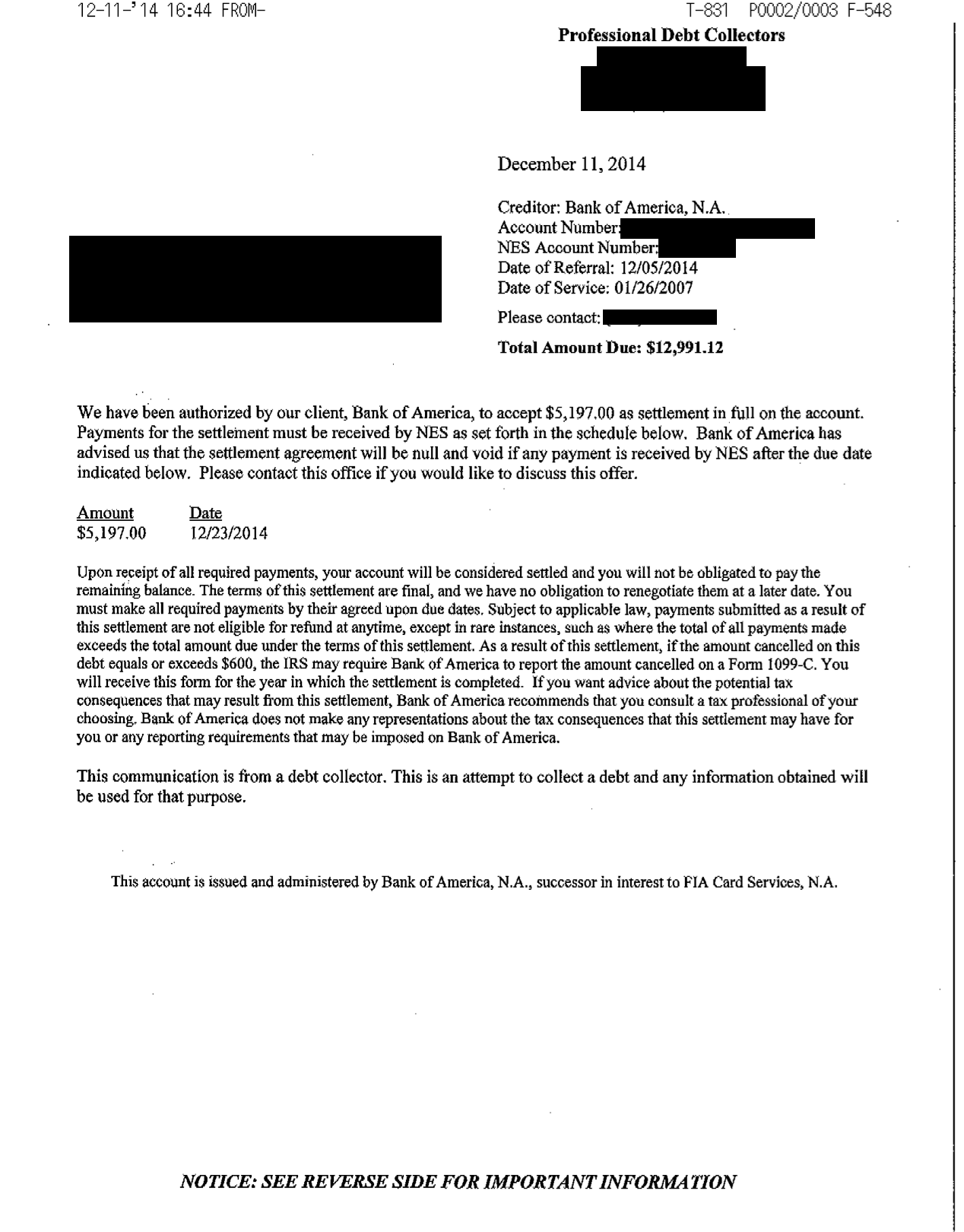 Image of a settlement letter with Bank of America with savings of 7,794 dollars