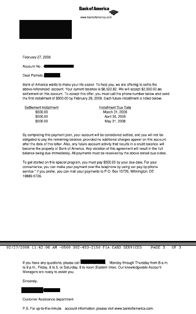 Bank of America Settlement Letter