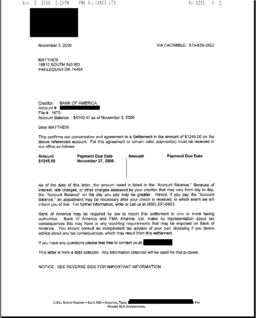 Bank of America Settlement Letter