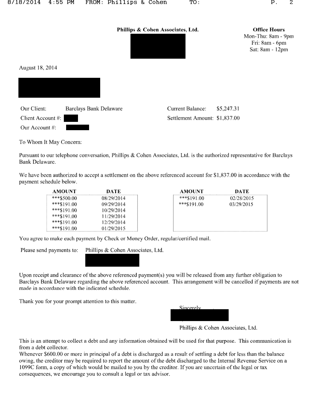 Image of a settlement letter with Barclays Bank Delaware with savings of 3,410 dollars