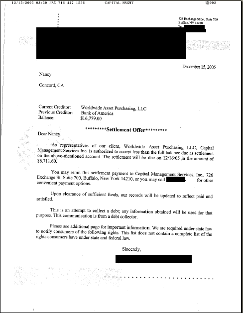 Image of settlement letter with Capital Management Services Inc. with savings of 9,778 dollars