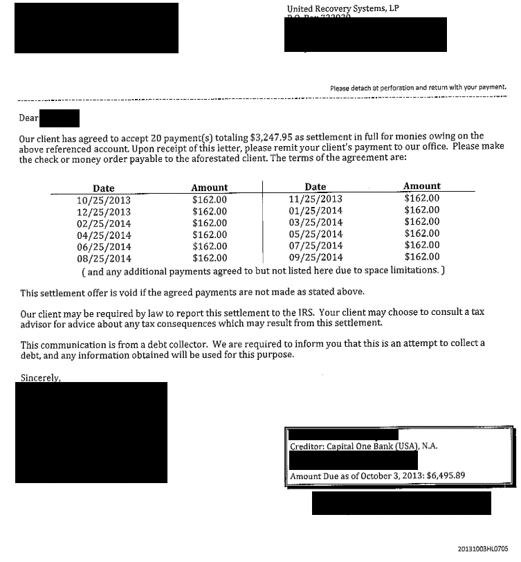 Capital One Bank Debt Settlement Letter Saved $3248