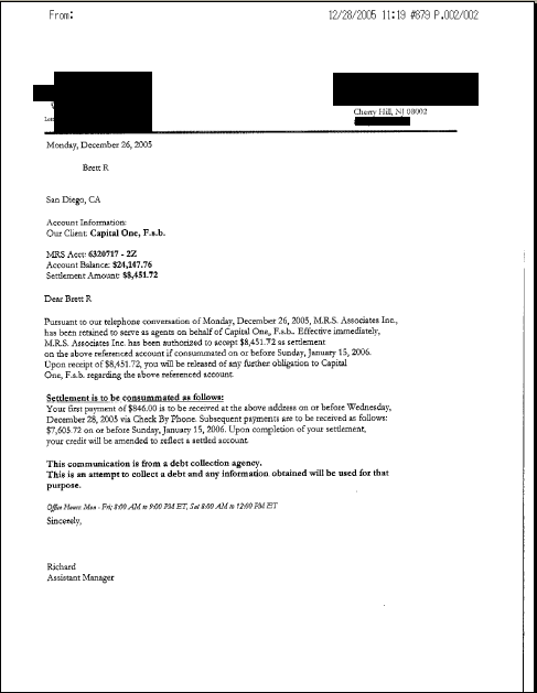 Image of a settlement letter with Capital One with savings of 15,696 dollars, 12-26-05