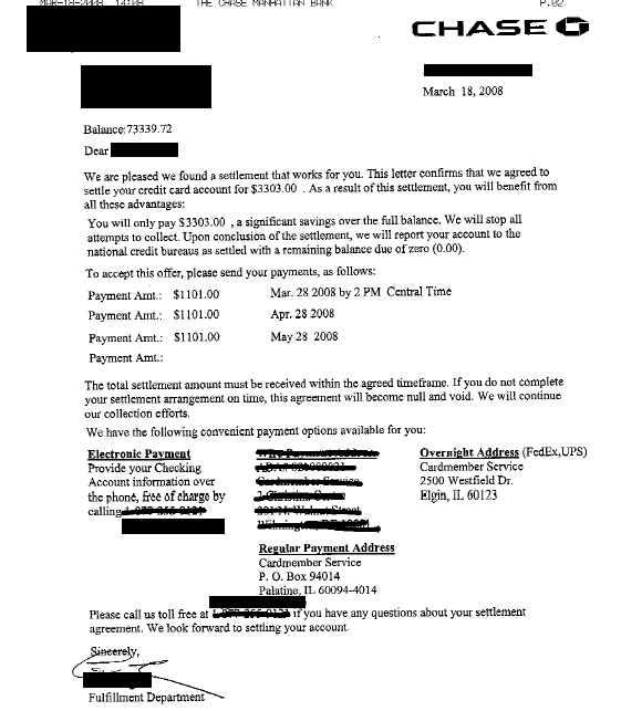 Chase Bank Debt Settlement Letter Saved $4036