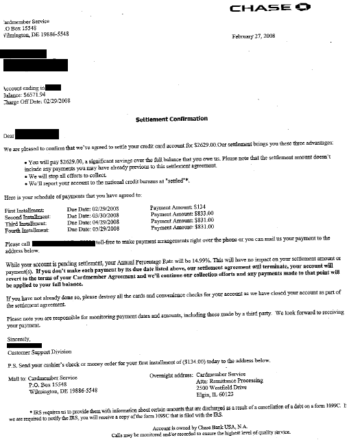 Chase Debt Settlement Letter