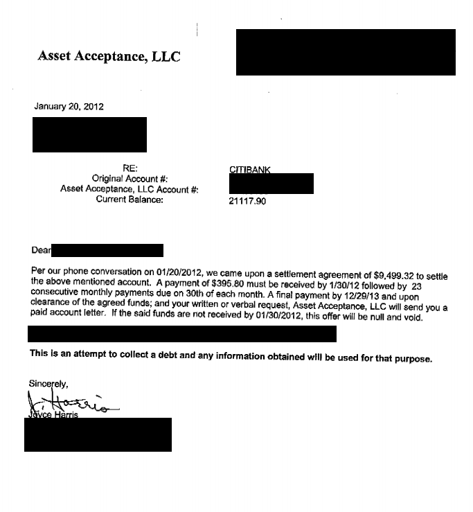 Citi Bank Debt Settlement Letter Saved $11618