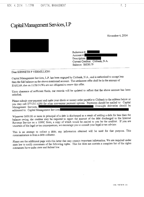 Image of a settlement letter with Citibank with savings of 4,898 dollars
