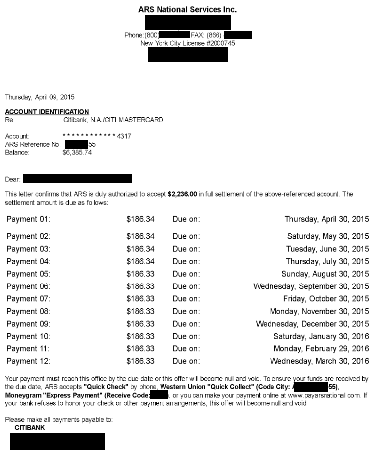 Image of a settlement letter with Citibank USA America with savings of 4,149 dollars