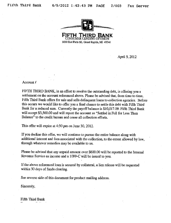 Fifth Third Bank Debt Settlement Letter Saved $6457