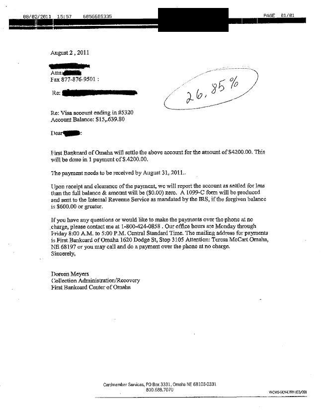 First Bankcard of Omaha Debt Settlement Letter Saved $11439