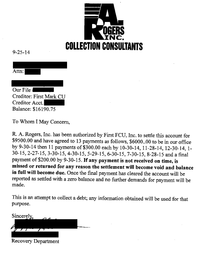 Image of a settlement letter with First FCU with savings of 10,190 dollars