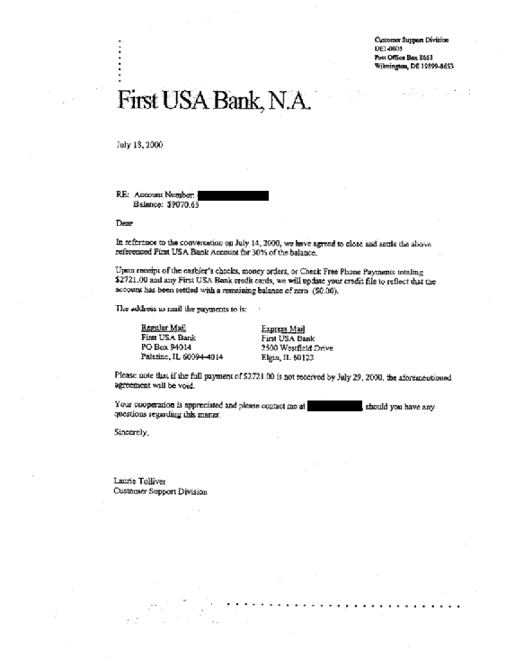 First USA Debt Settlement Letter Saved $6349