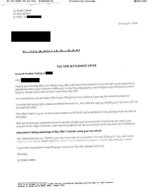 GE Money Bank Settlement Letter