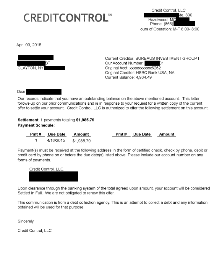 Image of a settlement letter with HSBC Bank USA America with savings of 2,979 dollars