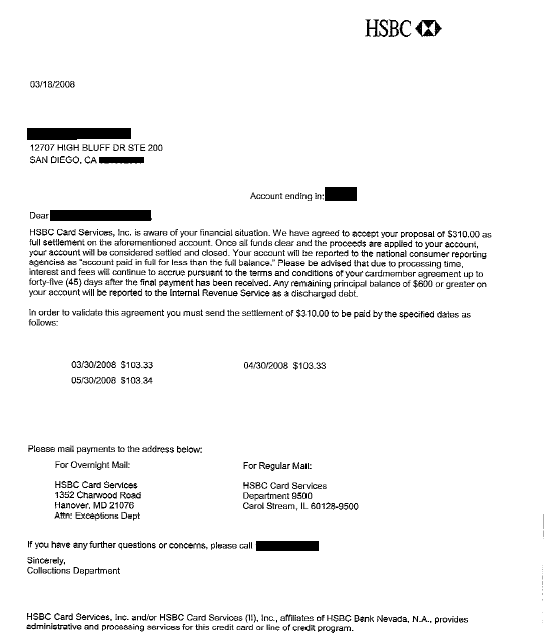 HSBC Debt Settlement Letter