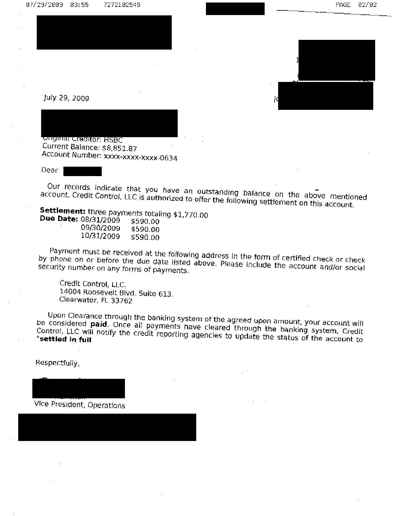 HSBC Debt Settlement Letter Saved $7081