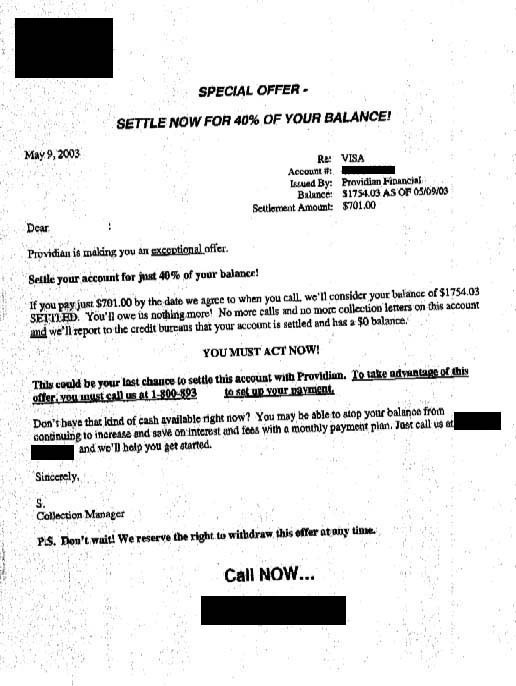 Providian Deb Settlement Letter Saved $1053