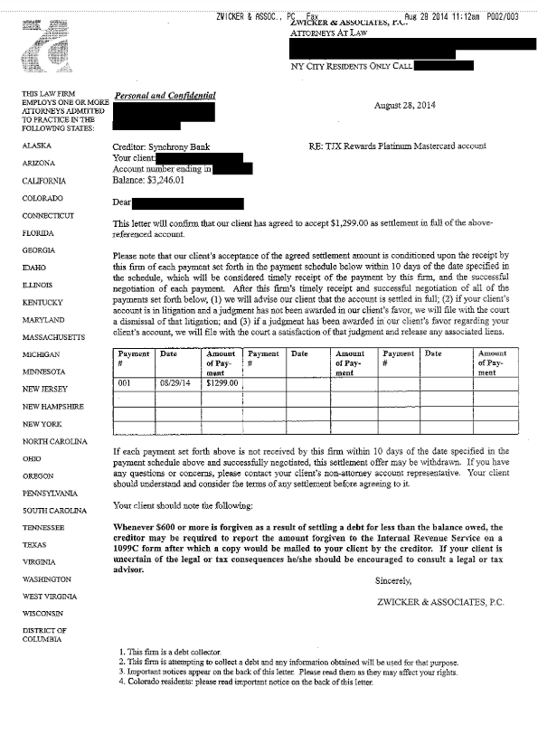 Image of settlement letter with Synchrony Bank with savings of 1,947 dollars