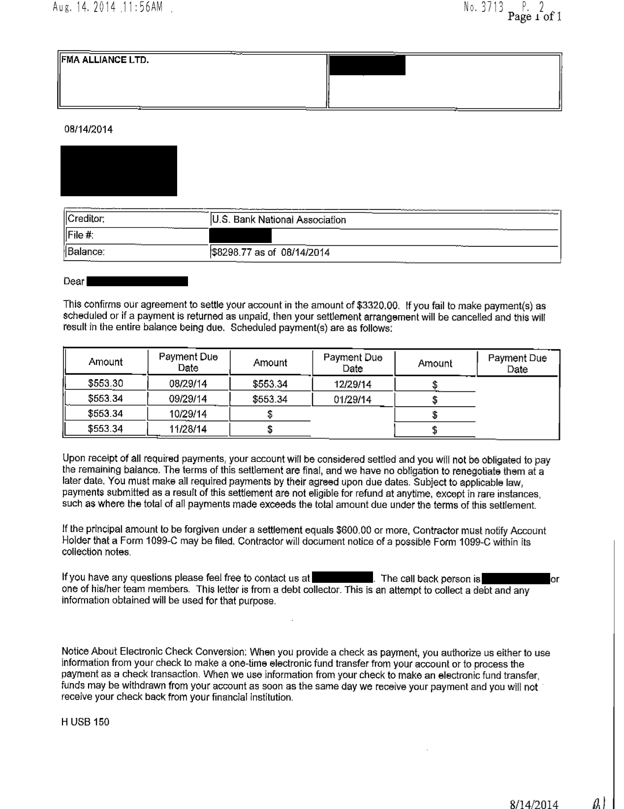 Image of a settlement letter with U.S. Bank National Association with savings of 4,978 dollars