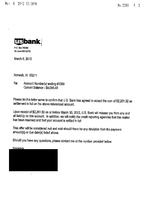 US-Bank Debt Settlement Letter Saved $6785