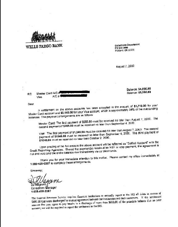 Wells Fargo Debt Settlement Letter Saved $9042