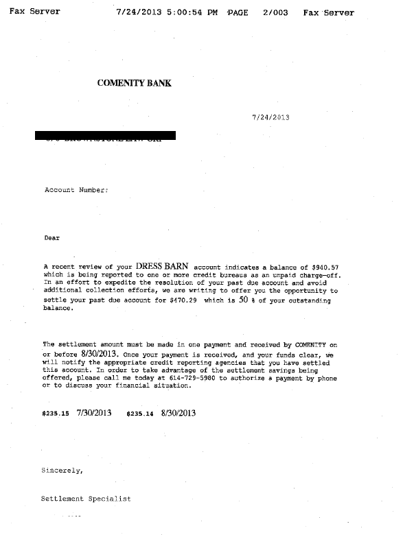 Comenity Settlement Letter
