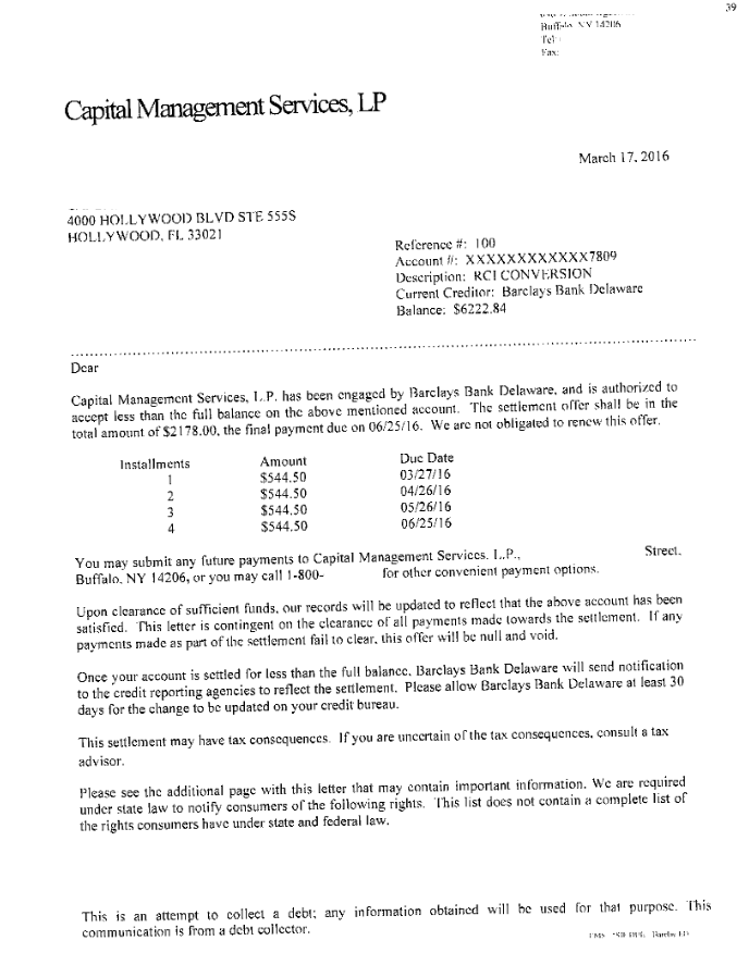 Image of a settlement letter with Barclays Bank with savings of 4,044 dollars