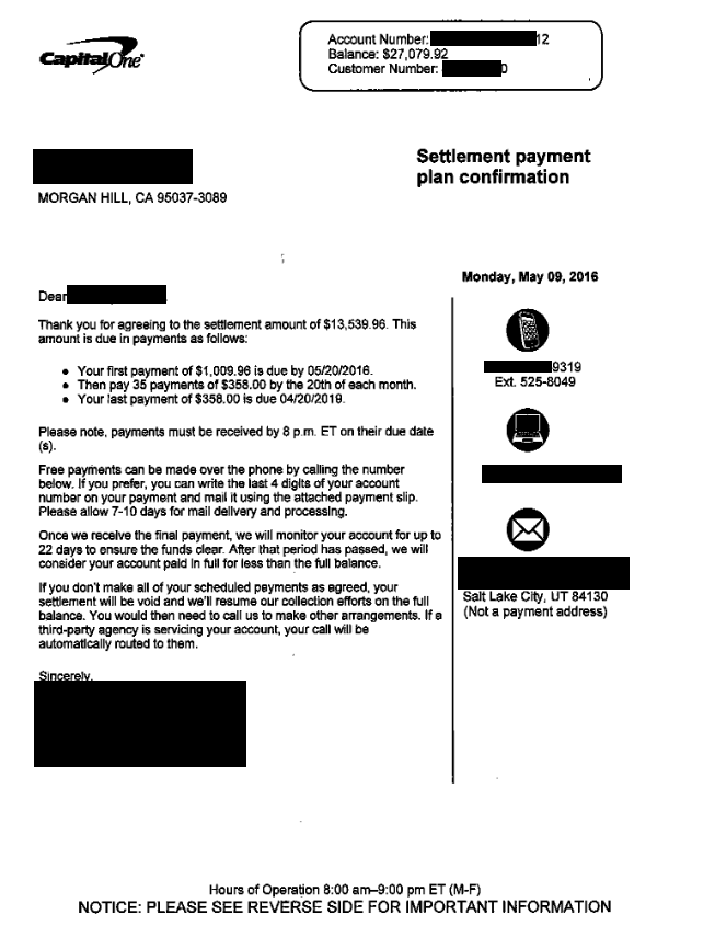 Capital One Bank Debt Settlement Letter From May 2016