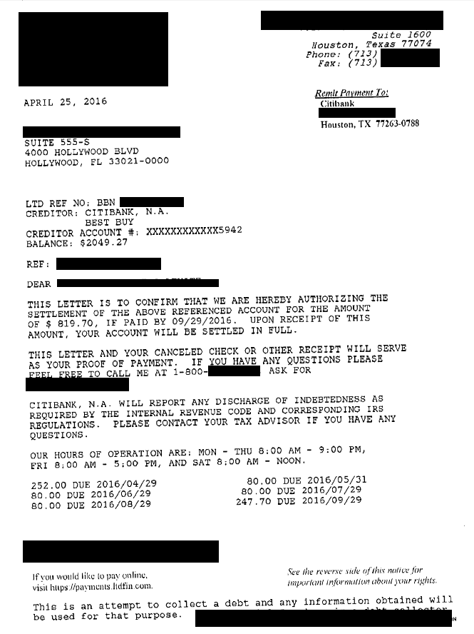 Image of Citibank USA America Debt Settlement Letter with savings of 60%