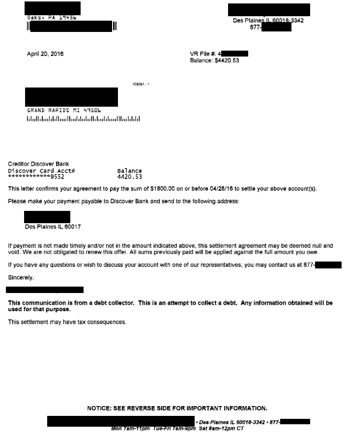 Image of settlement letter with Discover Bank with savings of 2,620 dollars