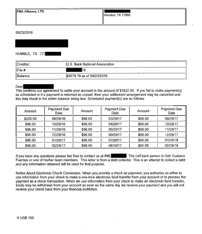 Image of a settlement letter with U.S. Bank National Association with savings of 2,747 dollars