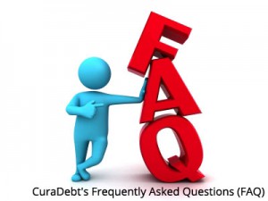 Figure of person leaning on the letters FAQ with caption CuraDebt-Frequently-Asked-Questions-(FAQ)
