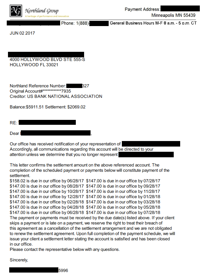 Image of a settlement letter with US Bank National with savings of 3,842 dollars