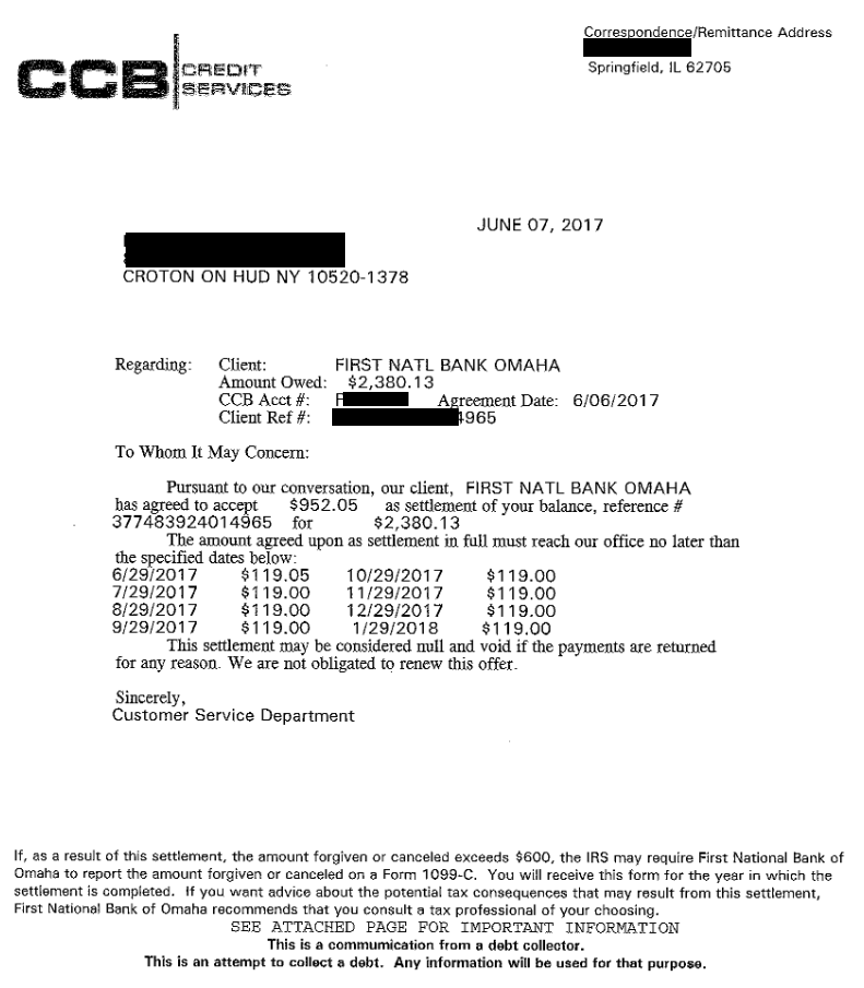Image of a settlement letter with First National Bank of Omaha with savings of 1,428 dollars