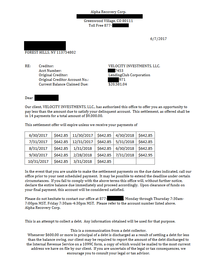 Image of a settlement letter with Lending Club with savings of 11,581 dollars