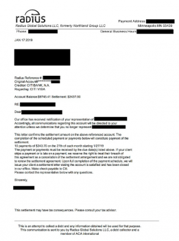 Settlement Letter With CitiBank: Client Saved 75%