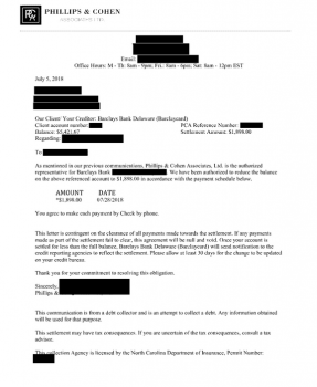 Settlement Letter With Barclays Bank: Client Saved 65%