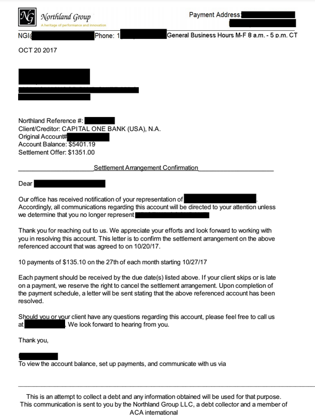 Settlement Letter With Capital One: Client Saved 75%
