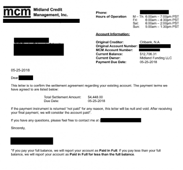 Settlement Letter With CitiBank: Client Saved 65%