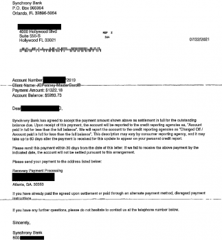 Settlement Letter With Synchrony Bank: Client Saved 75%